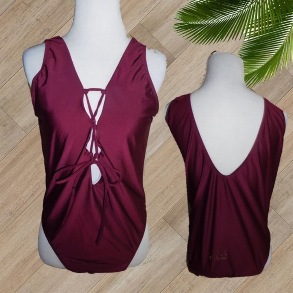BURGUNDY LACE UP ONE PIECE SWIMSUIT